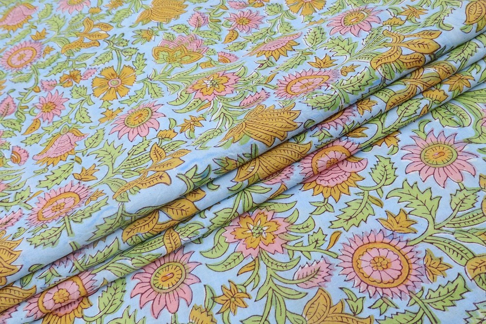 Cotton floral hand block print fabric by the yard - Indian artisan blockprint