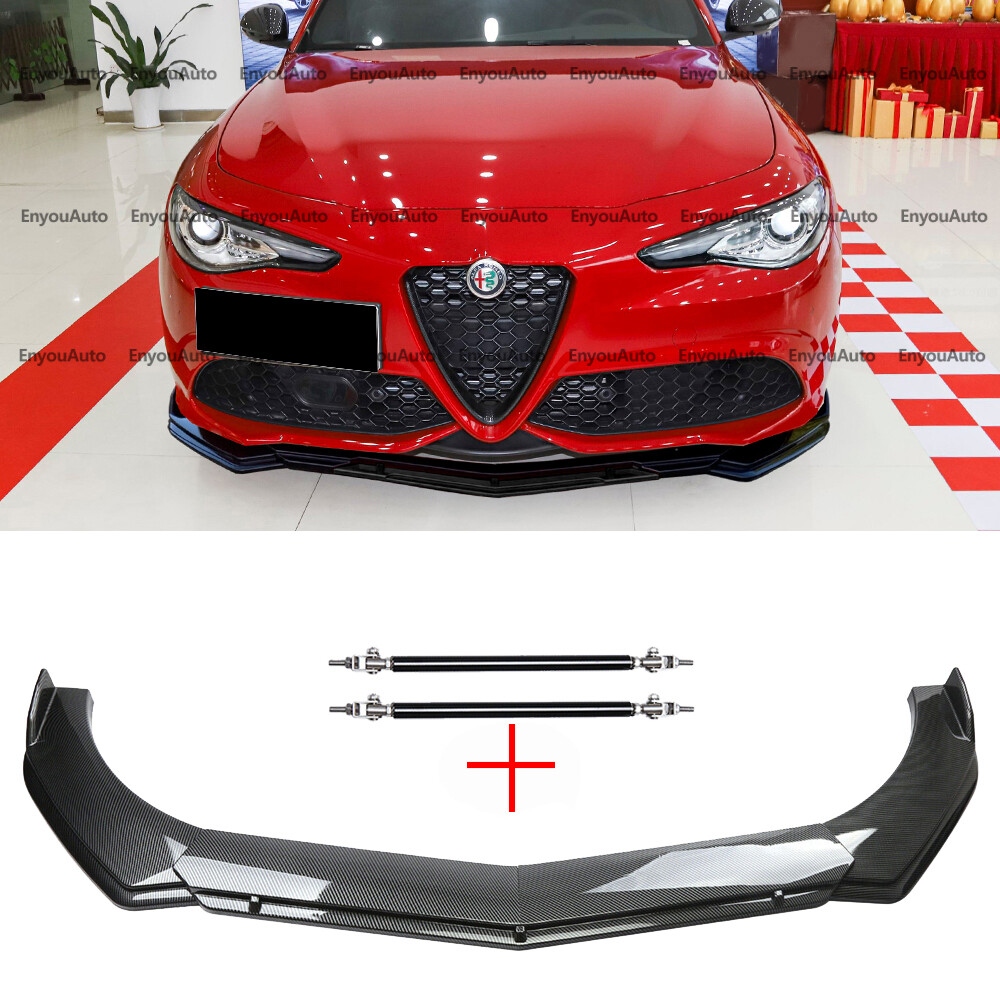 For Alfa Romeo Giulia Front Bumper Lip Spoiler + Strut Rods Carbon Fiber