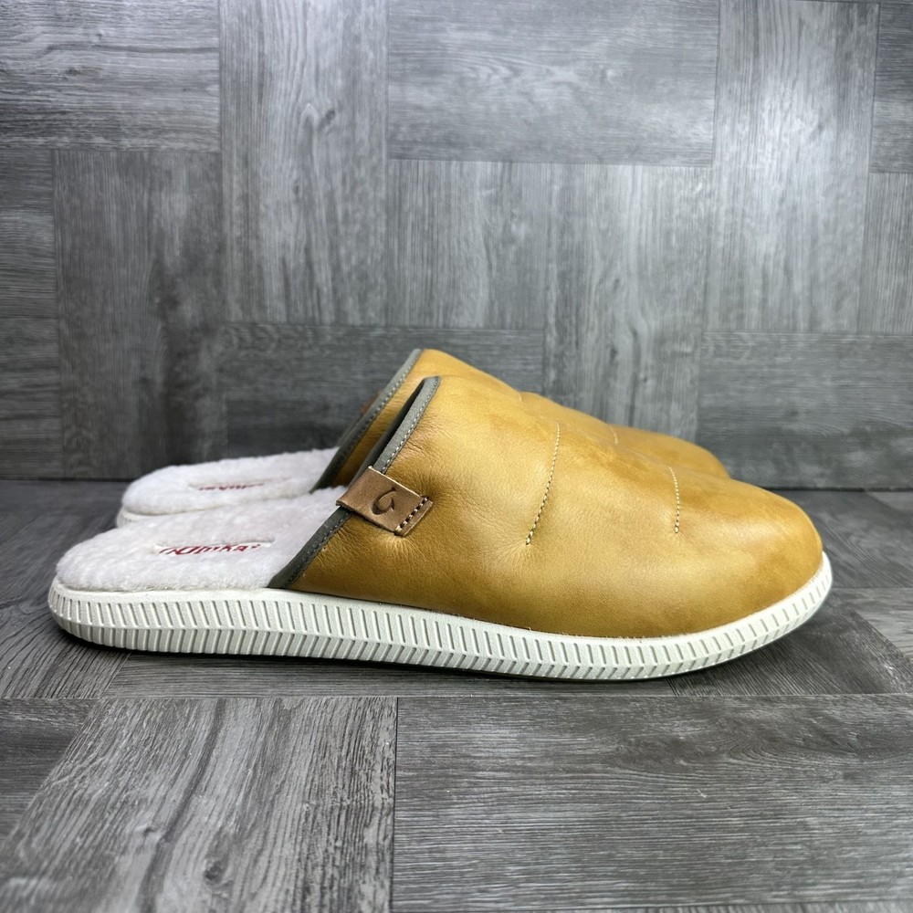 Olukai Mua 'IIi Men's size 12 Wheat Leather Lined Scuff Slippers
