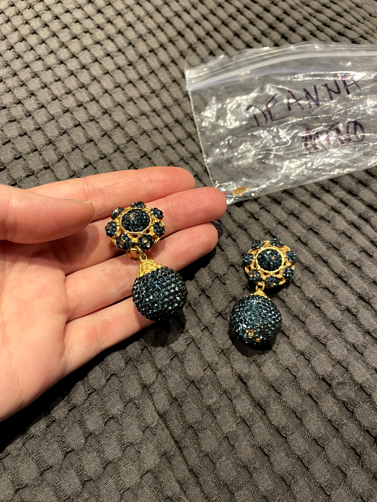 Deanna Hamro Vintage Clip-On Earrings - Gold with Blue Crystal Detailing