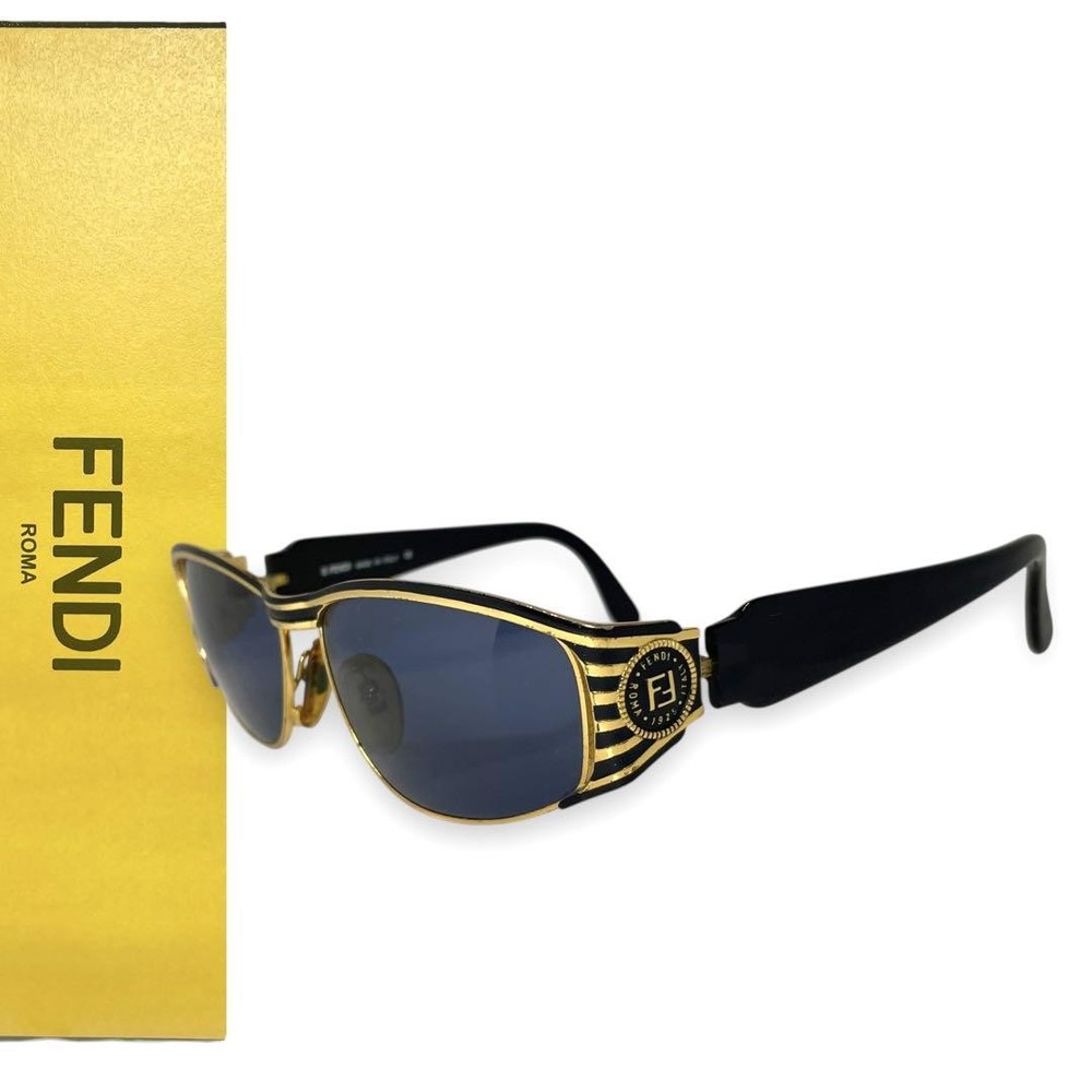 Fendi Black Zucca Retro Sunglasses with Gold Frame Authentic Pre-Owned