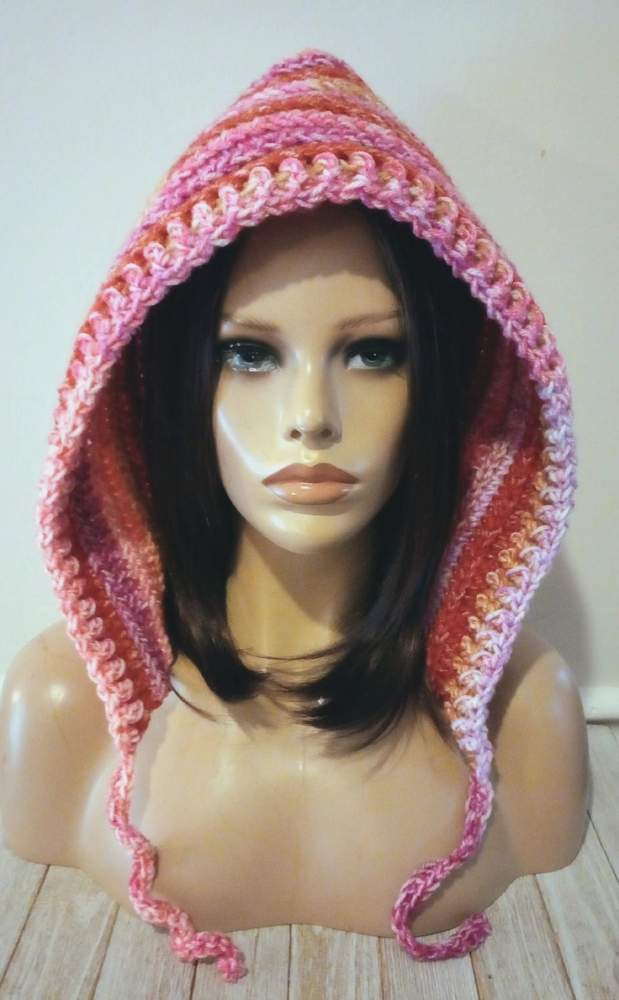 handmade crochet womans pixie hood hat scoodie pink lemonade USA new