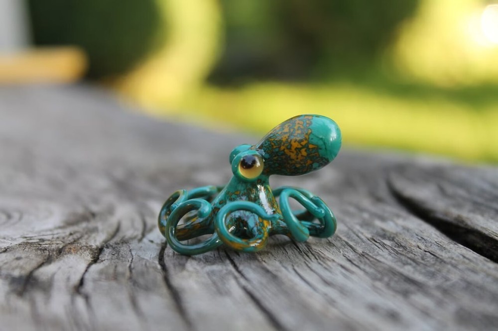 Colorful Blown Glass Octopus Figurine in Green and Yellow Ocean Art