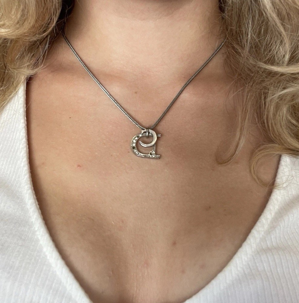 christian dior cd logo silver plated pendant rhinestone necklace