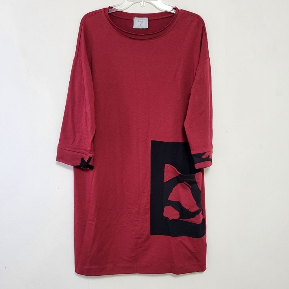 Chalet et Ceci Red Burgundy Long Sleeve Pocket Shift Dress M lagenlook artsy