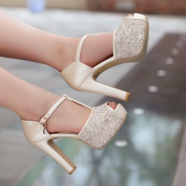 Glitter Sequin Peep Toe T-Strap Platform Heels for Women Wedding Party Date