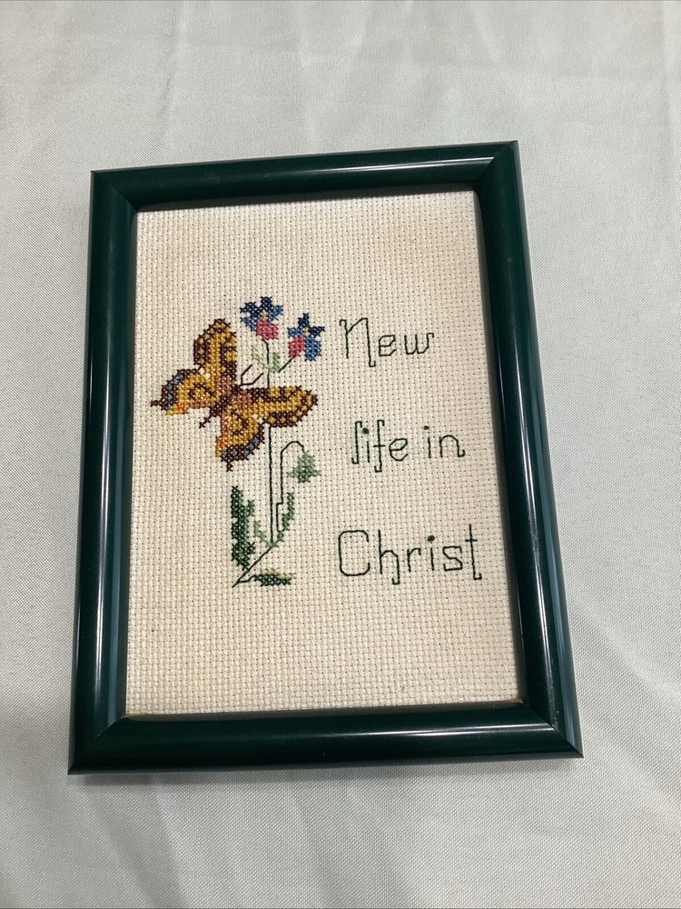 Vtg Handmade New Life In Christ Embroidery Cross Stitch Framed Artwork religious