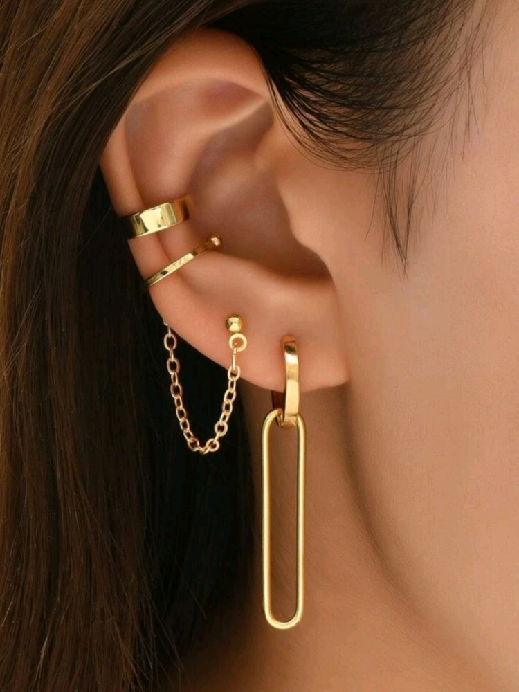 18k Gold Chain Ear Cuff Hoop Double Piercing Earrings Elegant Birthday Jewelry Gift for Women