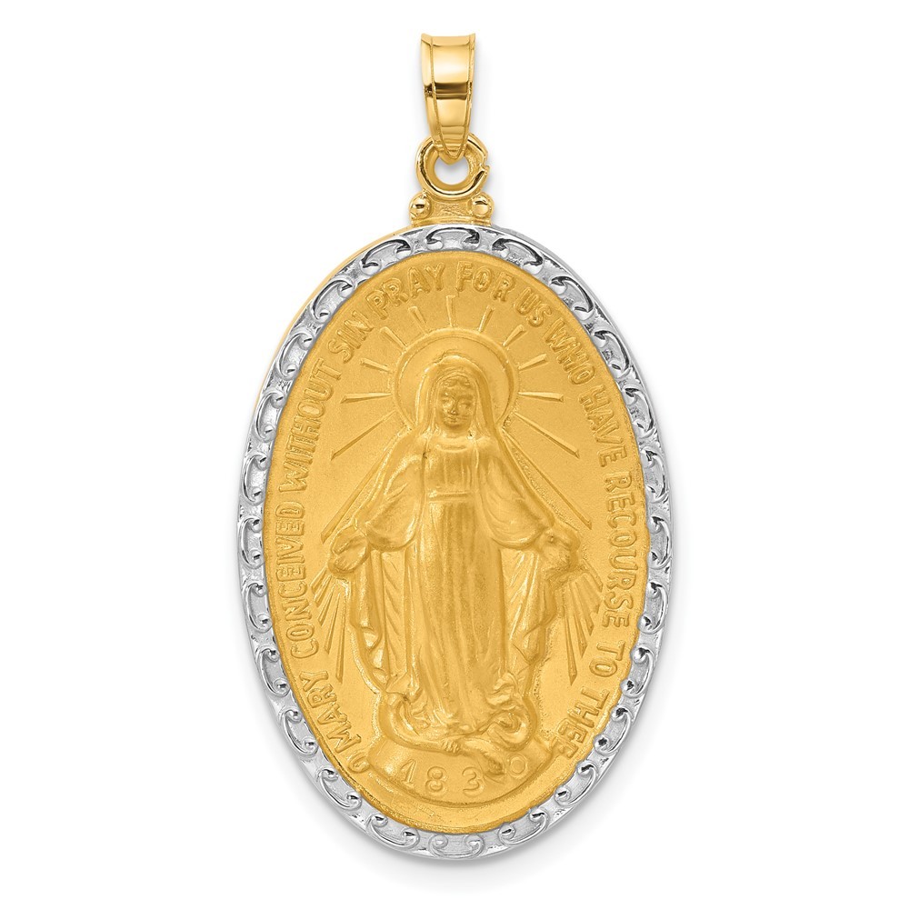 14k Yellow Gold and White Rhodium Satin Solid Miraculous Medal Oval Pendant