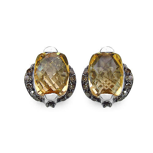 3.14 Carat Citrine Black Diamond Sterling Silver Earrings