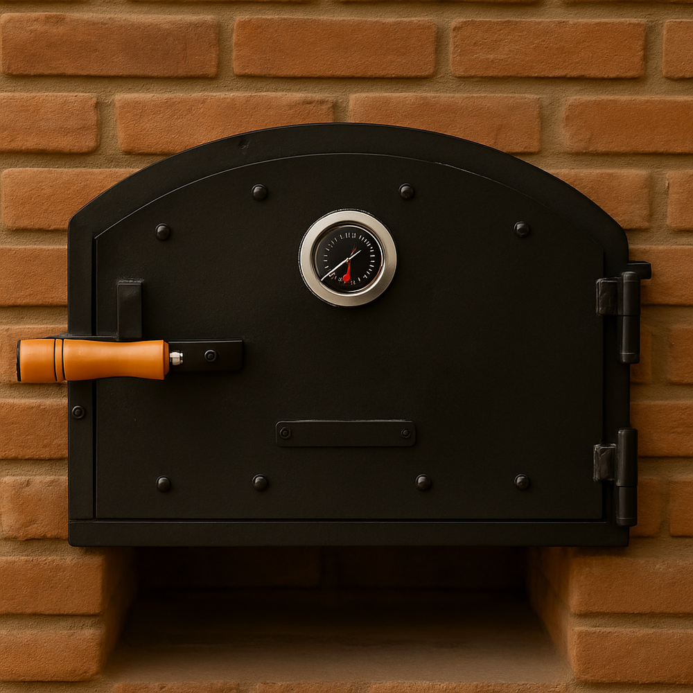 Cast Iron Pizza Oven Door with Thermometer & Wooden Handle - Clay Oven Door