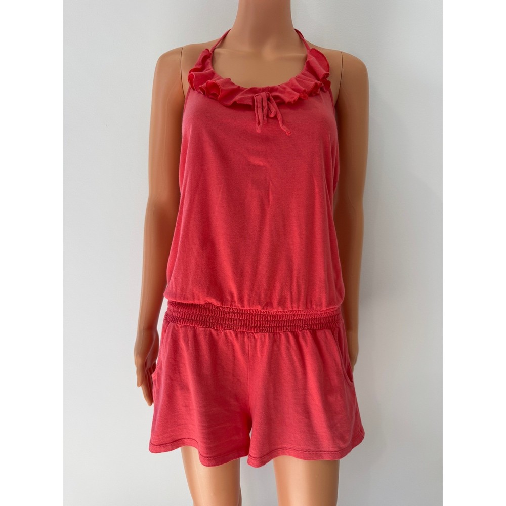 Coral Pink Ruffle Halter Romper Smocked Waist Sleeveless Shorts Jumpsuit Pockets