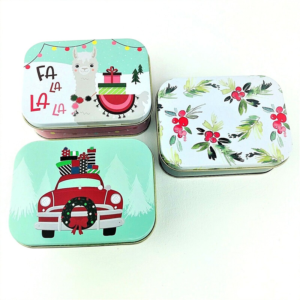 3 Gift Card Holders Tin Box Christmas Holiday Llama, Red Truck, Holly Berries-image