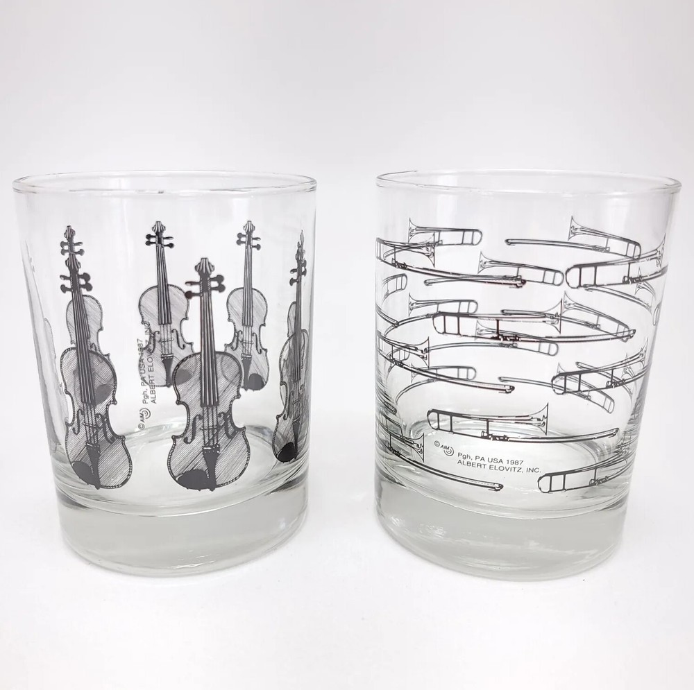 Albert Elovitz Musical Instrument Bar Rocks Glasses Cocktail Rare 1987 Barware