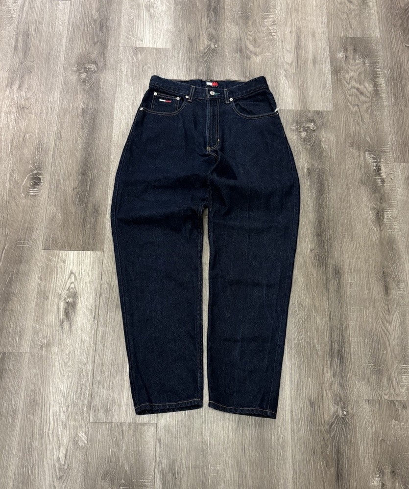 Vintage 90s Tommy Hilfiger Dark Denim Jeans Made in USA Flag Logo Size 31 x 32