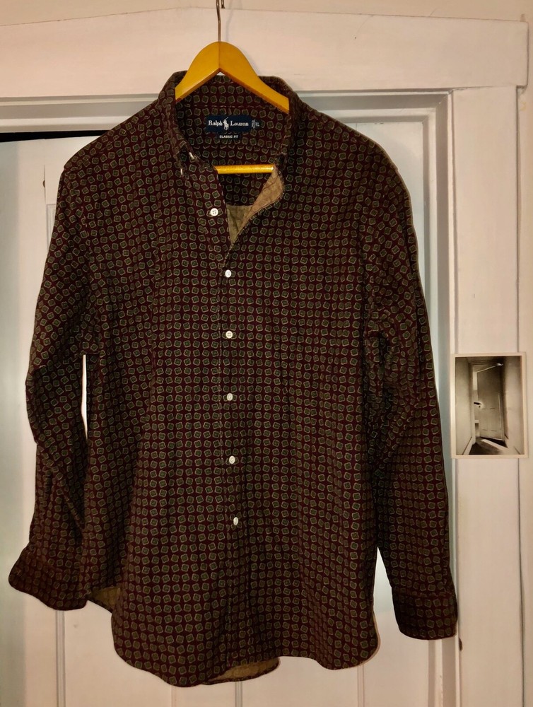 Vtg Men  Ralph Lauren Corduroy  XL Classic Button Overshirt Geo/Psych Maroon