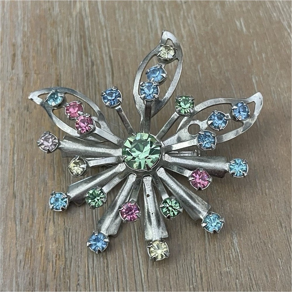 Vintage Multicolor Rhinestone Flower Brooch Pin, Round Stones, Prong Setting