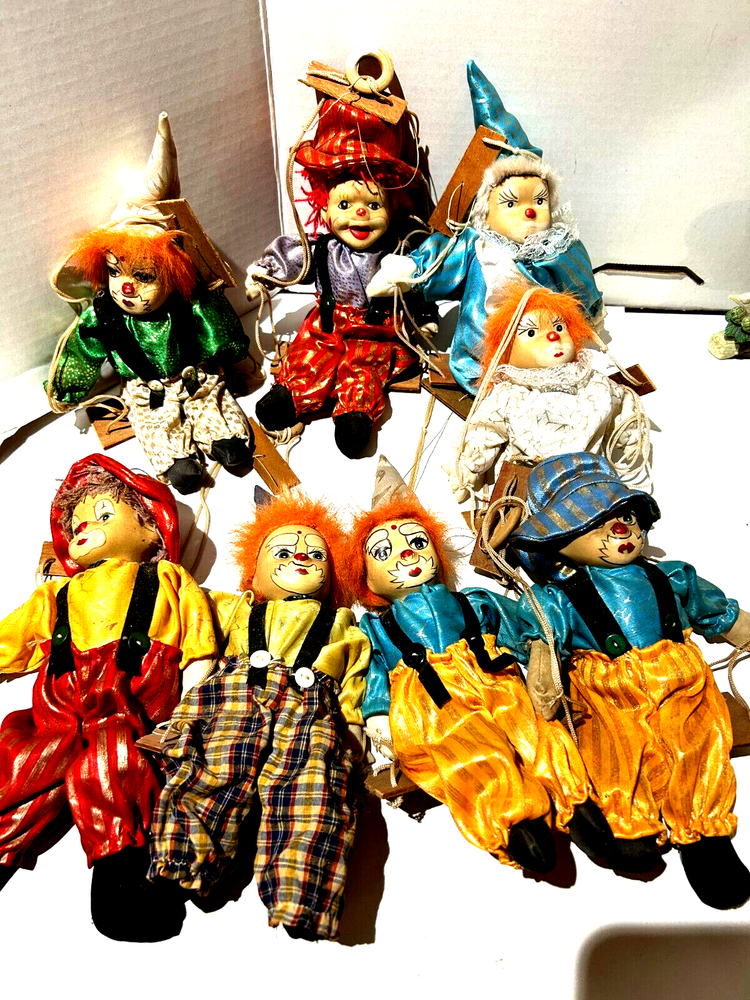 Vintage Clown Dolls On A Swing Porcelain Face, 8 StringPuppet Dolls