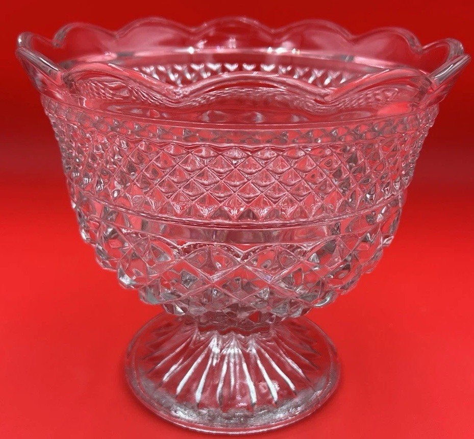 Anchor Hocking Wexford Cut Crystal Footed Pedestal Bowl Diamond Design 1950s Vintage
