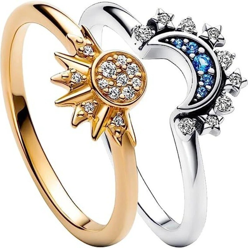 2pc Summer Couple Rings Sky Blue Sparkling Moon Stackable Women's Finger Set