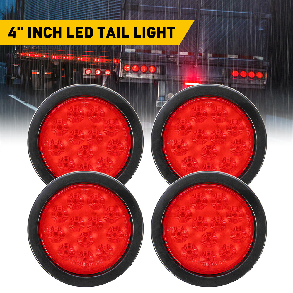 4pcs 4 Inch Round 12 LED Reverse Backup Tail Lights Trailer Truck Red Lens 12V