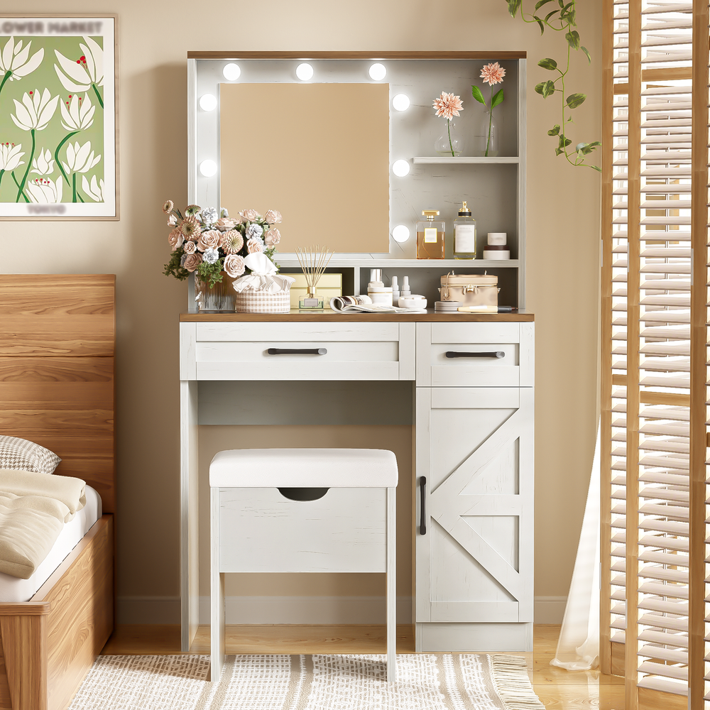 Farmhouse Makeup Vanity Desk with Mirror 3 Lighting Modes and Stool