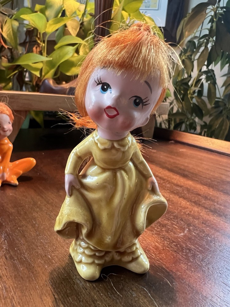 1950s Enesco Red Hair Pixie Ceramic Figurine - Missing Lace Trim