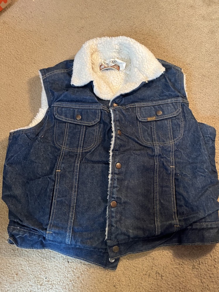 Vintage Roebucks Sherpa Trucker Denim Jean Jacket Vest Sears 46 Large