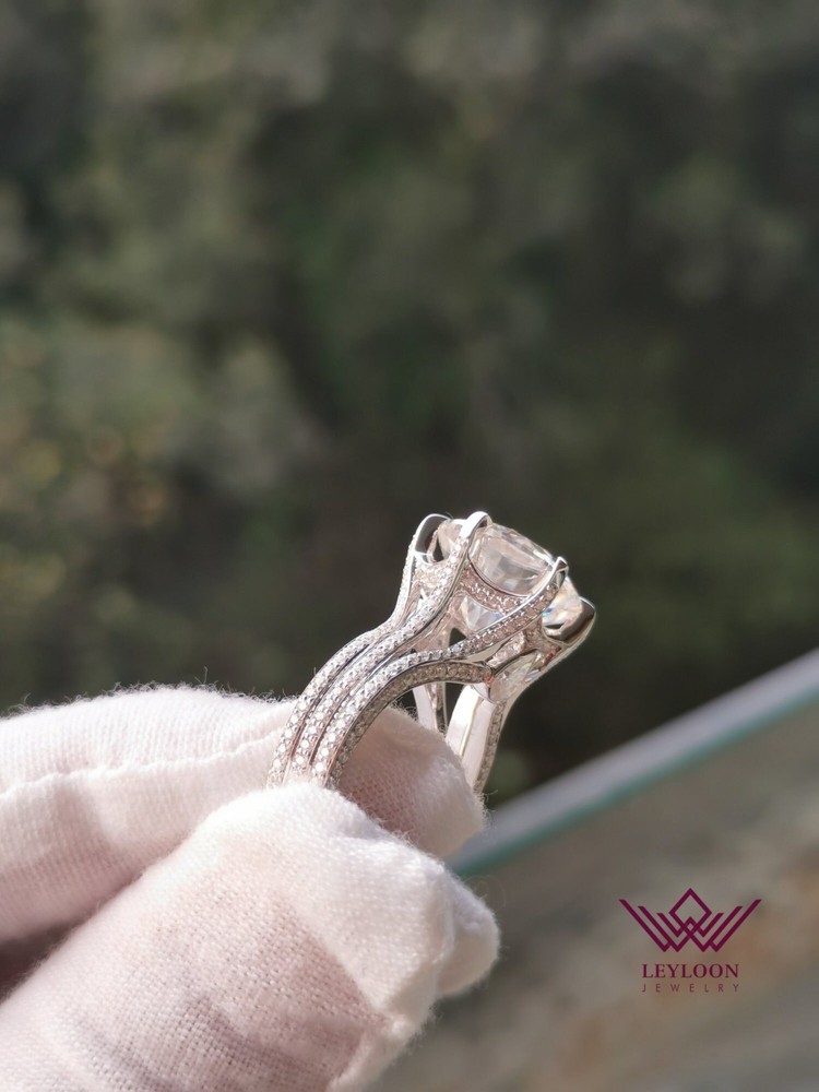 8 Carat Round Moissanite Halo Ring in 18K Gold with Filigree Bridge