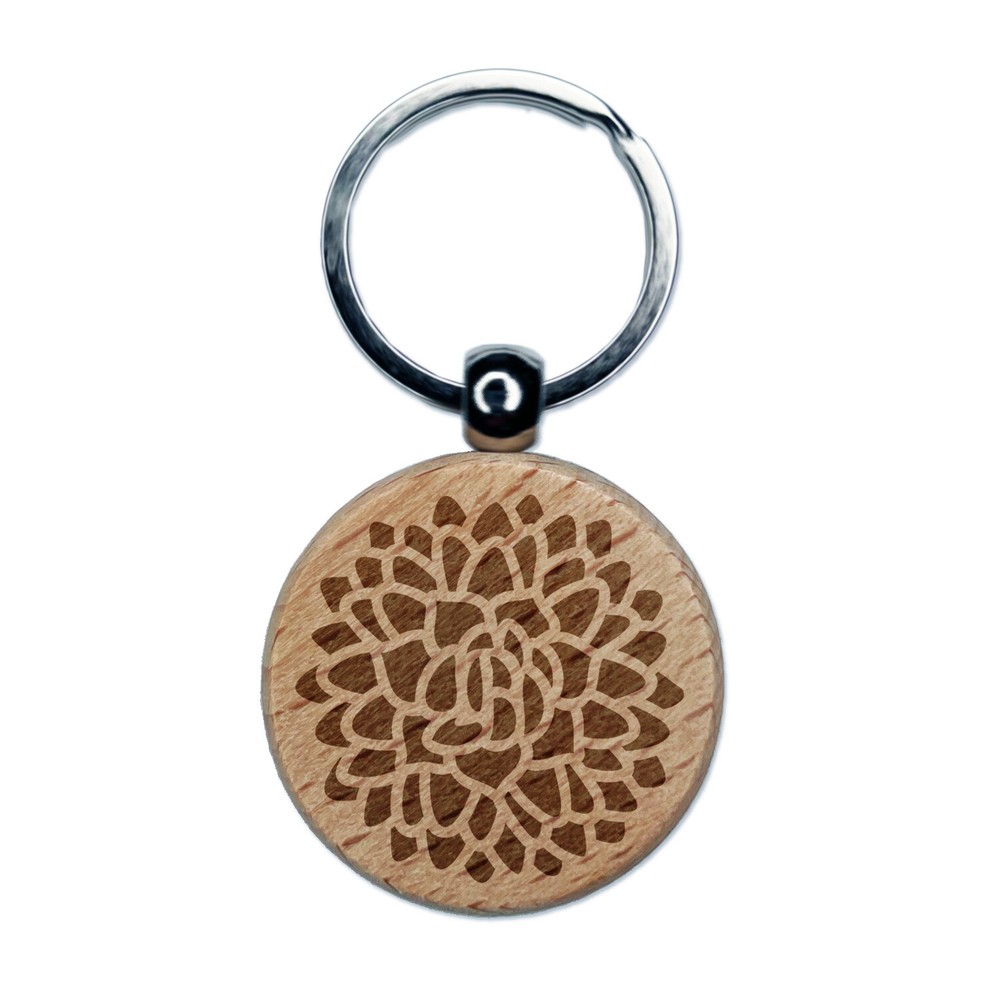 Beautiful Dahlia Flower Engraved Wood Round Keychain Tag Charm