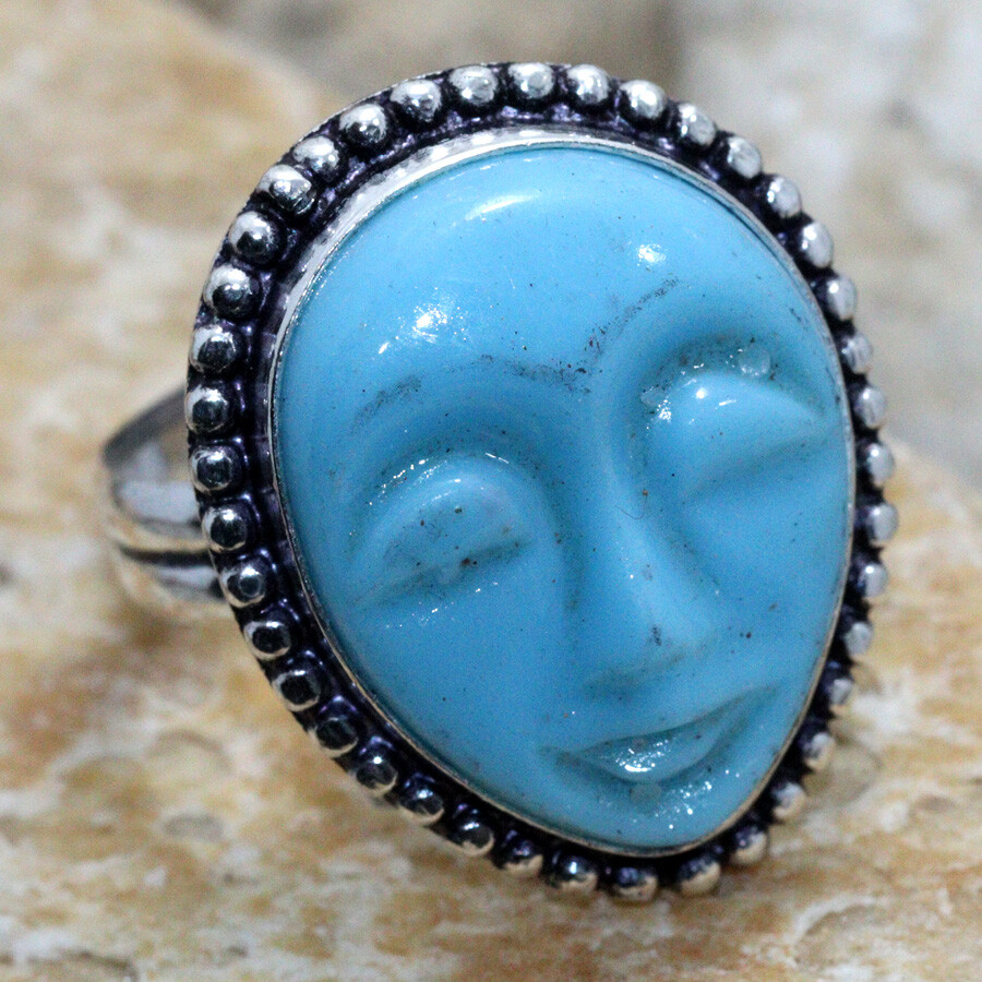 925 Silver Plated Carved Face Blue Agate Ethnic Ring Jewelry Size US 8 JW