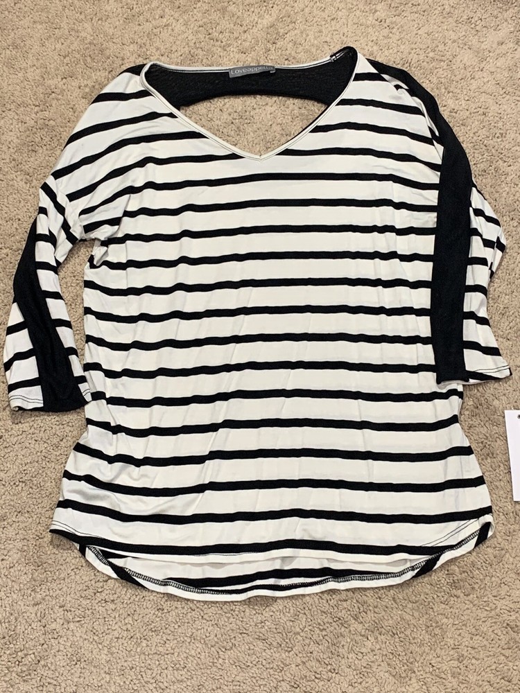 Loveapplella Womens Shirt Small Black White Stripe Keyhole Back Sheer Details