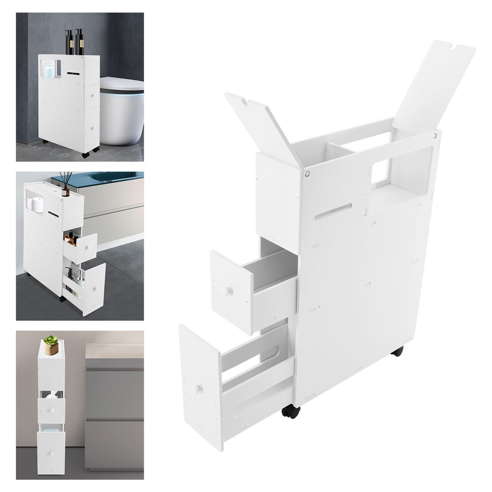 White Slim Bathroom Storage Cabinet with Slide-Out Drawer Toilet Organizer