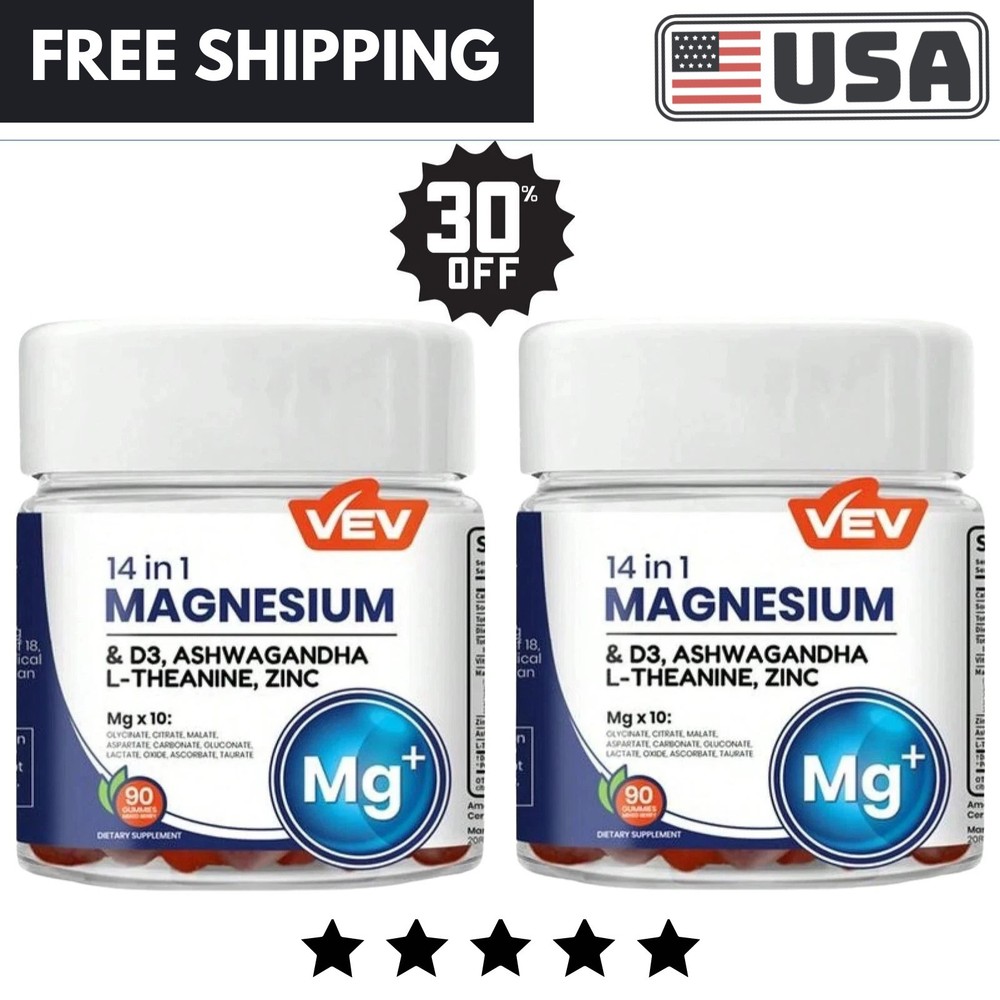 VEV 14-in-1 Magnesium Complex Gummies –L-Theanine,Cortisol Supplements 2 pack+