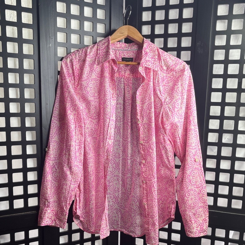 💗 Talbots Pink Patterned Cotton Button Down Shirt Lightweight Small 💗