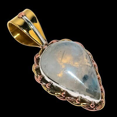 Natural Rainbow Moonstone 925 Solid Sterling Silver TwoTone Pendant 1.38