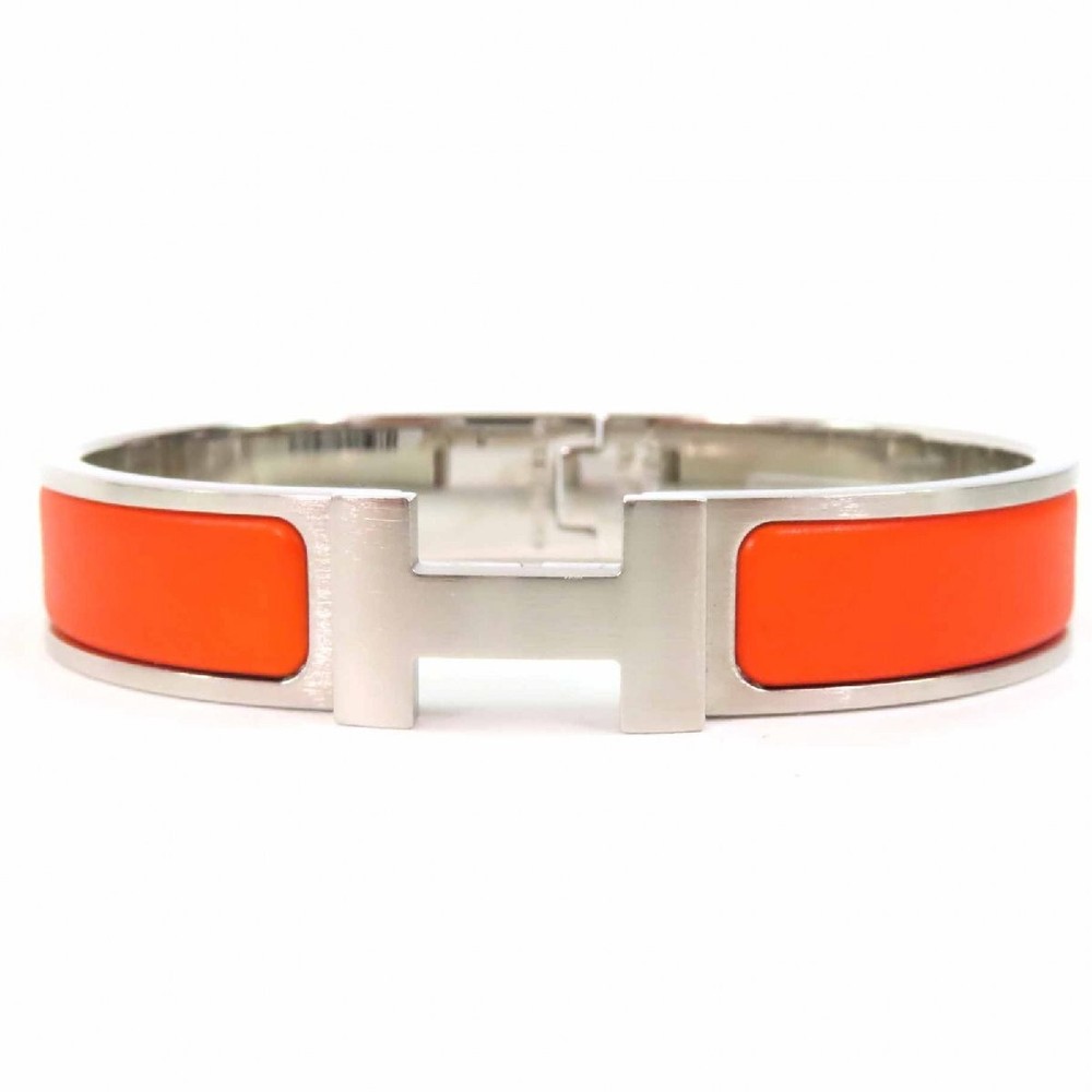 Hermes Quick H PM HH Bangle Bracelet Orange Silver Metal France 651007