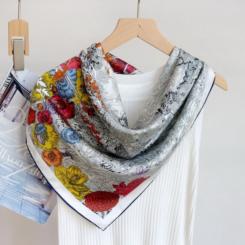 Nature Print 14 Momme Twill Silk Scarf Hijab Bandanna Square 35-Inch Wrap