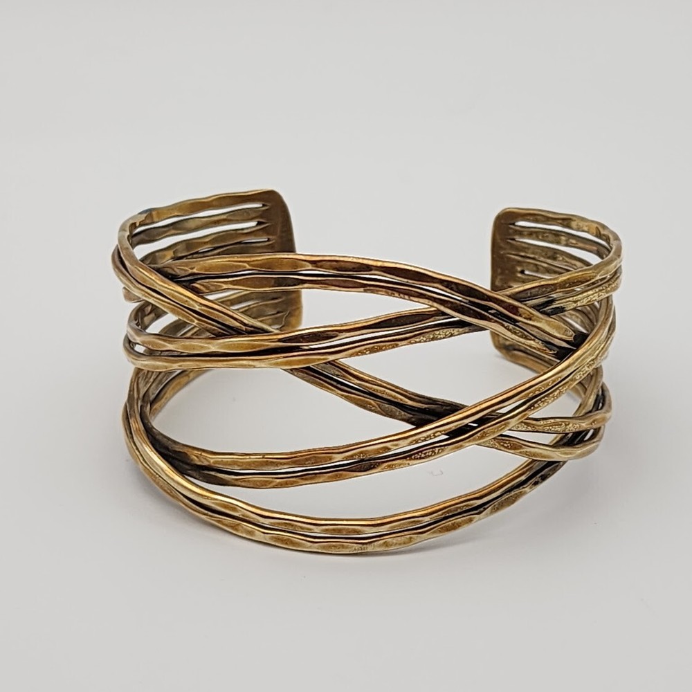Woven Textured Cuff Wide Open Criss Cross Metal Antiqued Brass Bracelet Boho 7