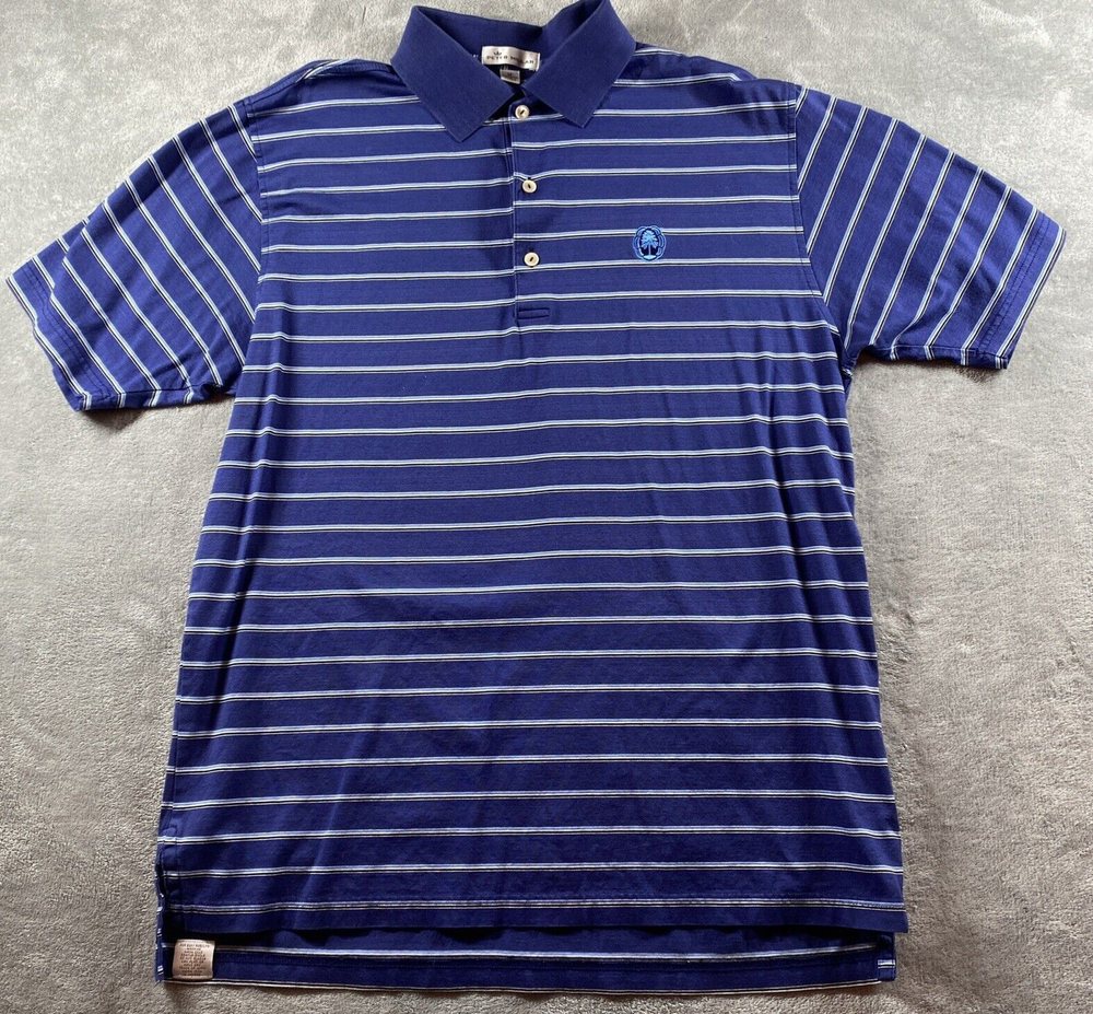 Peter Millar Men's Medium Blue Striped Cotton Golf Polo with Oak Tree Club Logo