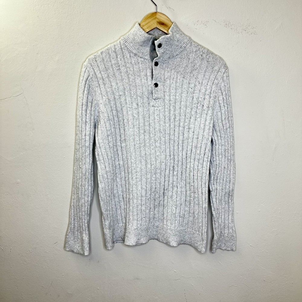 Express Women's Long Sleeve Sweater Button Front Collar Ribbed Light Grey Large