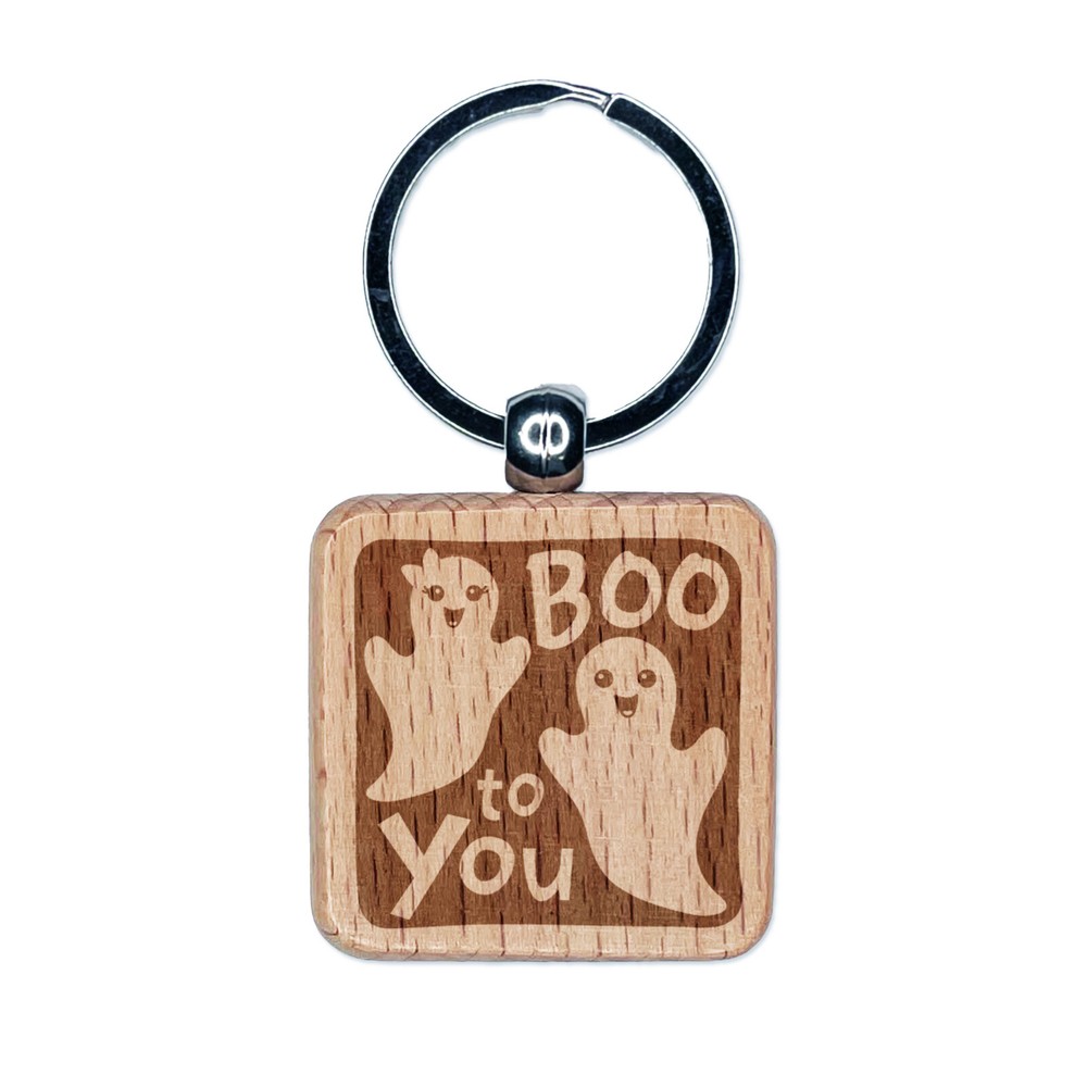 Spooky Ghost Boo Halloween Wooden Keychain Charm Tag  