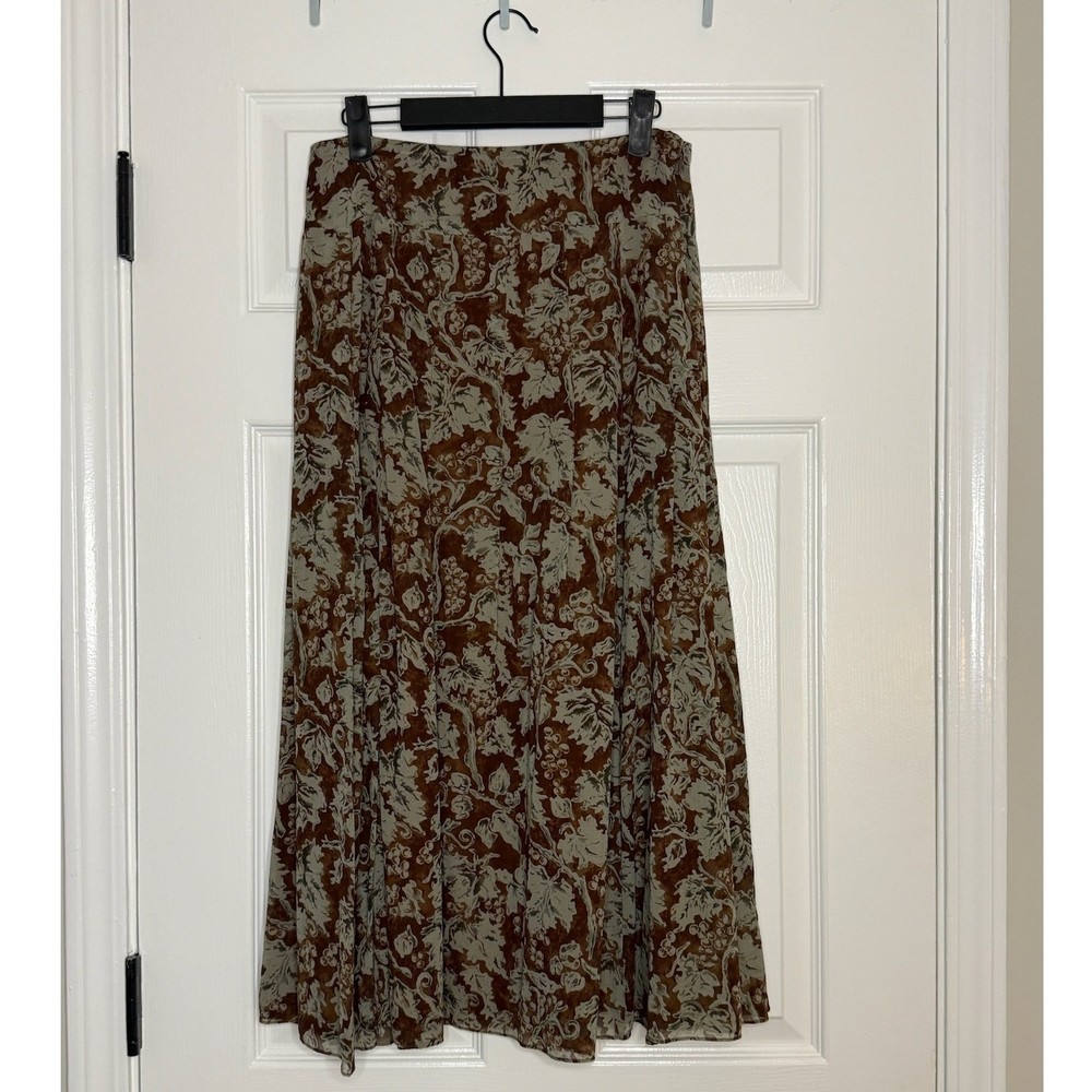 Peruvian Connection Silk Skirt Floral Brown Beige Maxi Long Size 6
