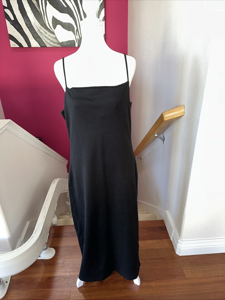 AYR Black Pima Cotton Midi Dress Spaghetti Straps Rt Side Slit Sq Front- Size L