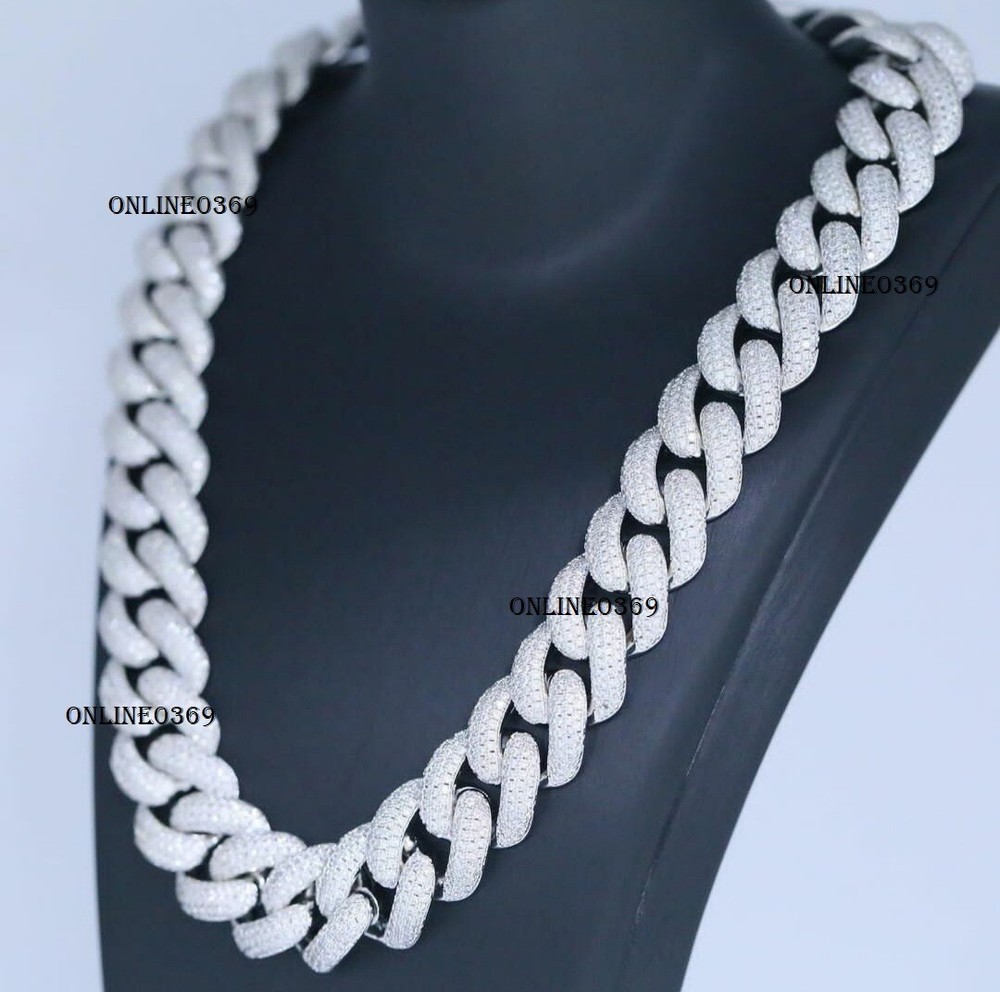 Men's Custom Cuban Necklace Chain Cubic Zirconia Rounds 925 Sterling Silver