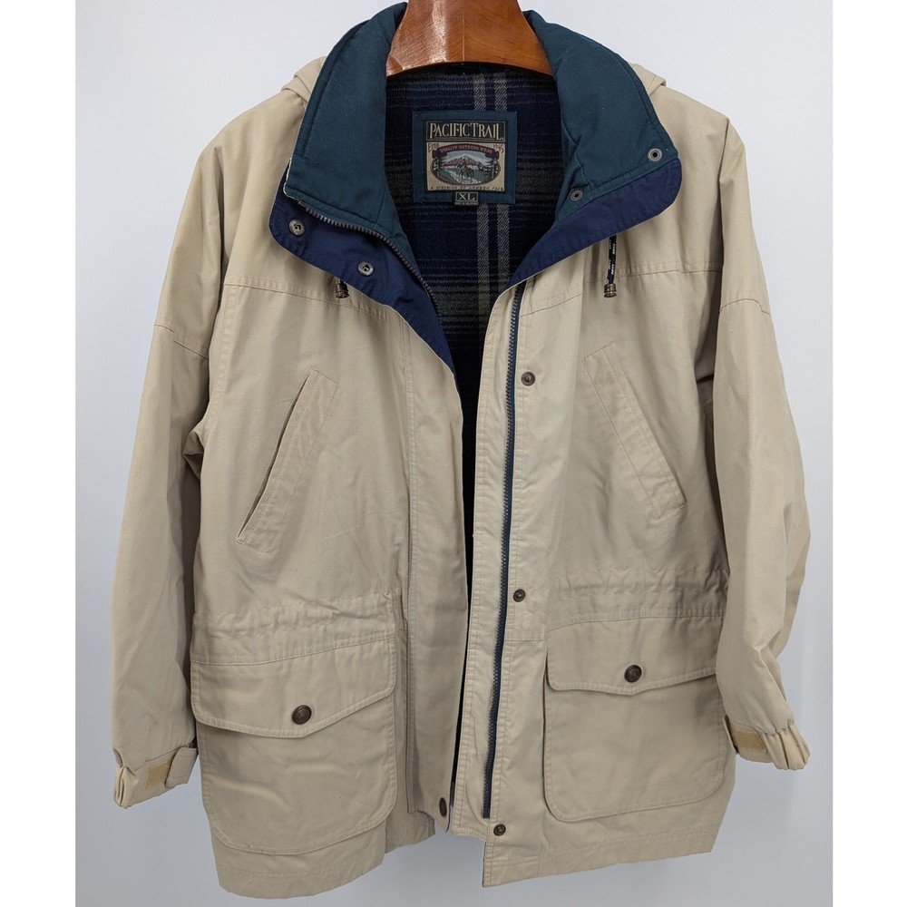 Vintage Pacific Trail Beige XL Full Zip Utility Jacket with Detachable Hood for Outdoor Style and Functionality