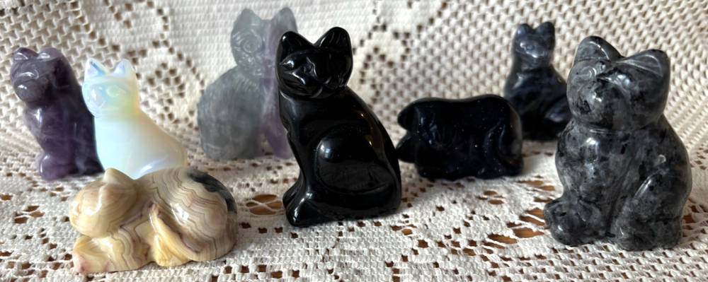 Carved Stone Lot 8 Cat Figurines Calming Spiritual Amethyst Blue Stone Opalite