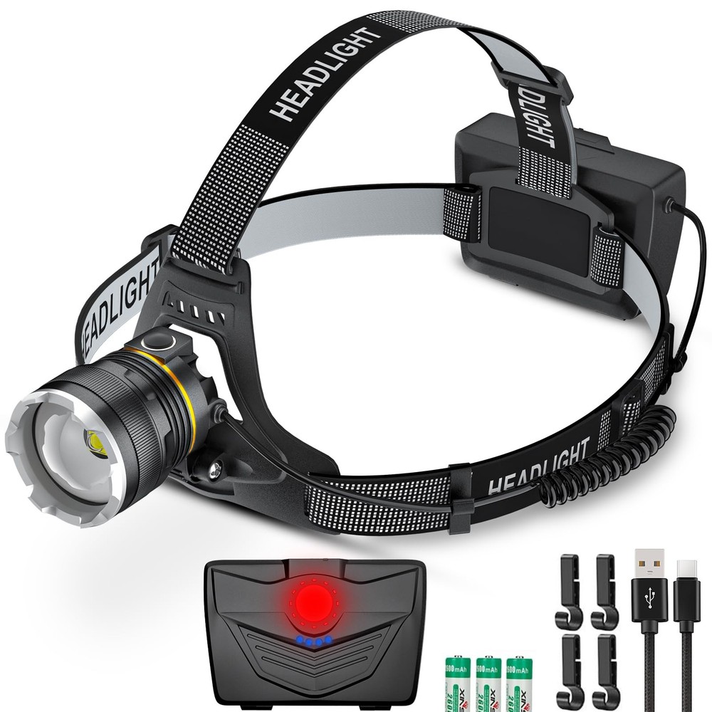 Headlamp Rechargeable, 16H Long Battery Life 90000LM Super Bright LED Head La...