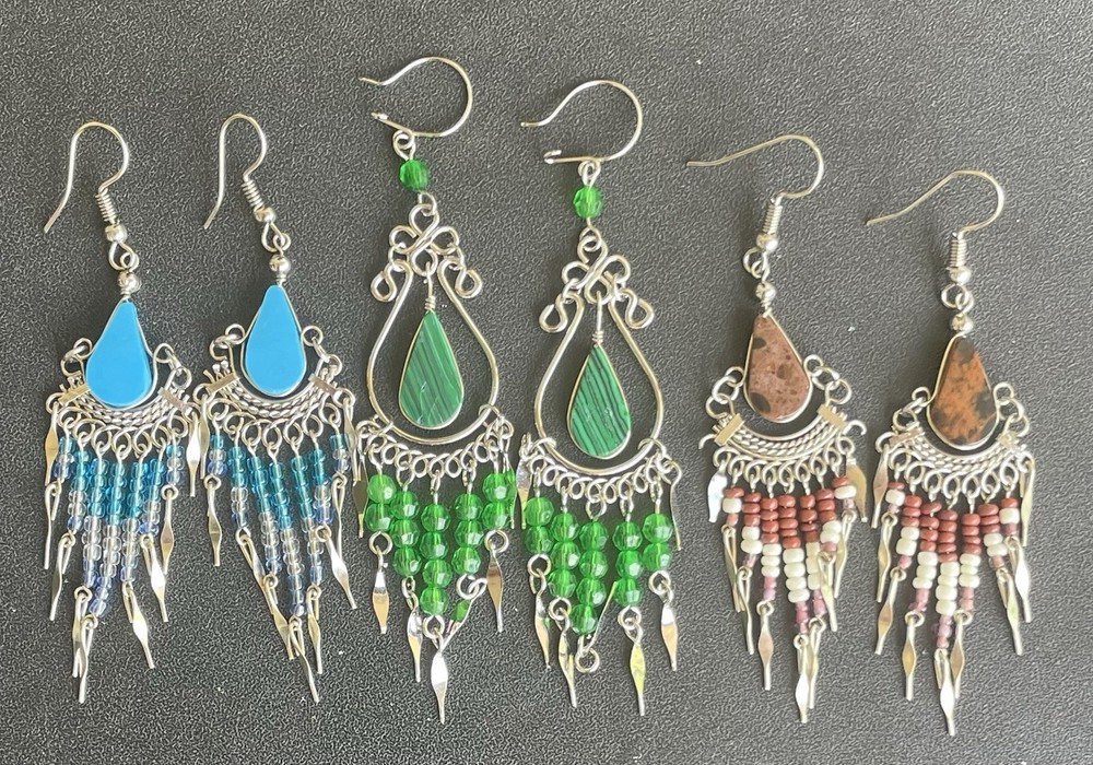 3 Handmade Peruvian Dangle Earrings with Semi-Precious Stone Beads