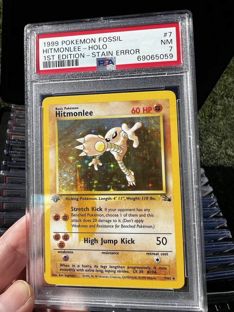 Hitmonlee Cigar Holo #7/62 Fossil 1st Ed Pokemon Card Stain Error